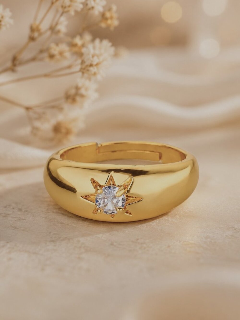 Gold Starburst Adjustable Ring PVD Gold Coated Statement Band